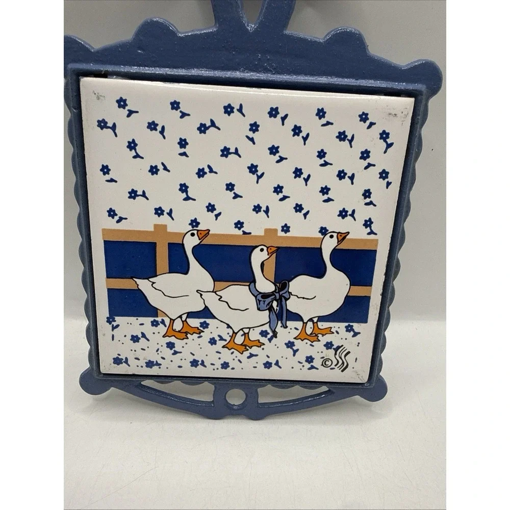 Cast Iron Ceramic Tile Trivet, Blue Ducks Vintage Cottage Core Duck
